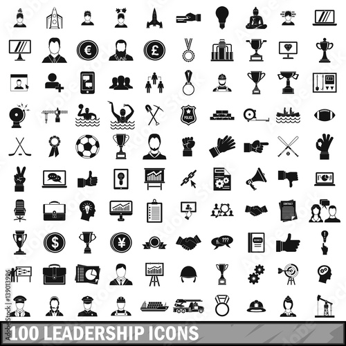 100 leadership icons set in simple style