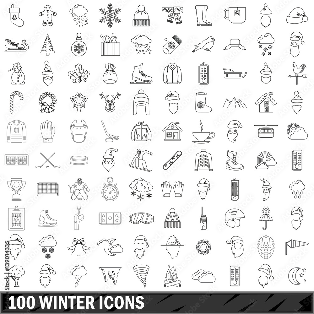 100 winter icons set, outline style 100 winter icons set, outline style
