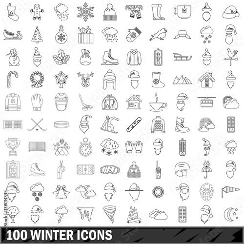 100 winter icons set, outline style