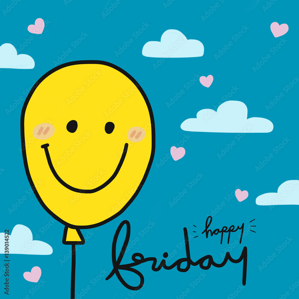 Yellow balloon on blue sky and happy friday word cartoon ...