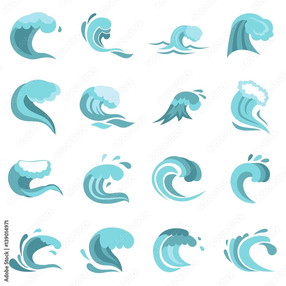 Fototapeta premium Sea waves set flat icons