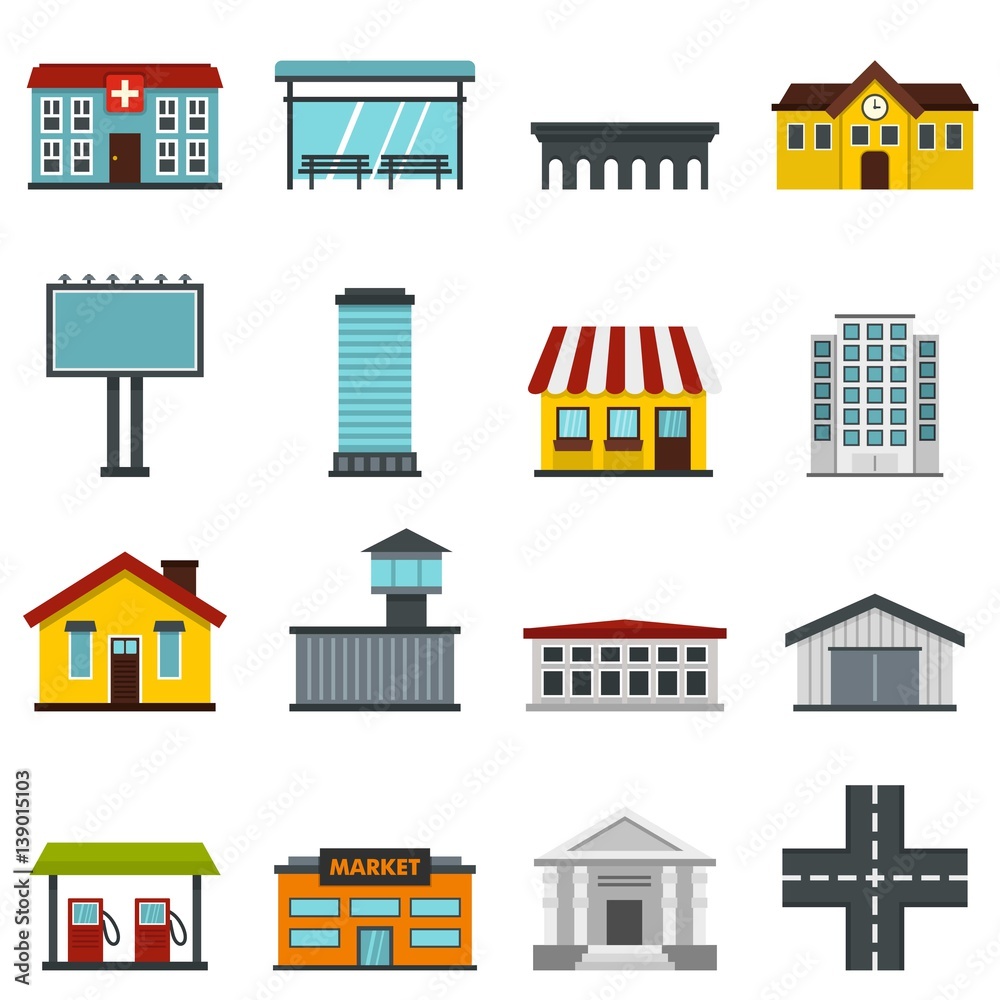 City infrastructure items set flat icons