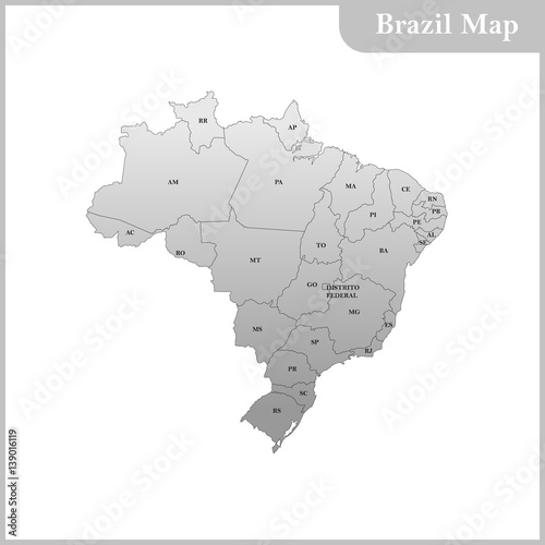 Fotografie Detailed map of the Brazil with each state, region abbreviation