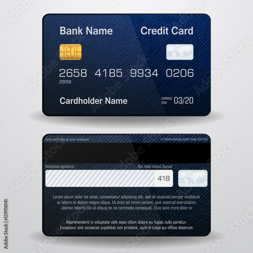 Detailed realistic vector credit card. Front and back side. Money, payment symbol