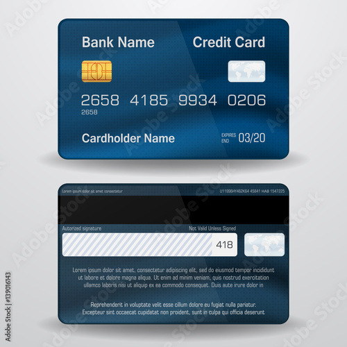 Detailed realistic vector credit card. Front and back side. Money, payment symbol