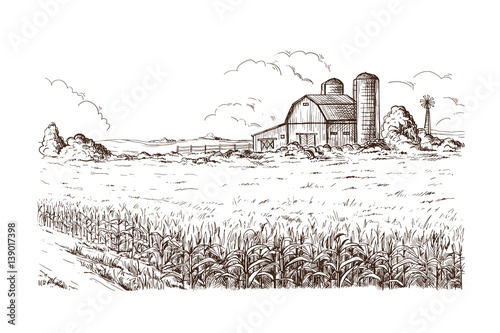 Hand drawn vector illustration sketch rural landscape field house granary