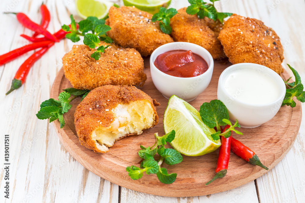 Spanish croquetas (croquettes) with shrimp, mint and chilly Spanish croquetas (croquettes) with shrimp, mint and chilly