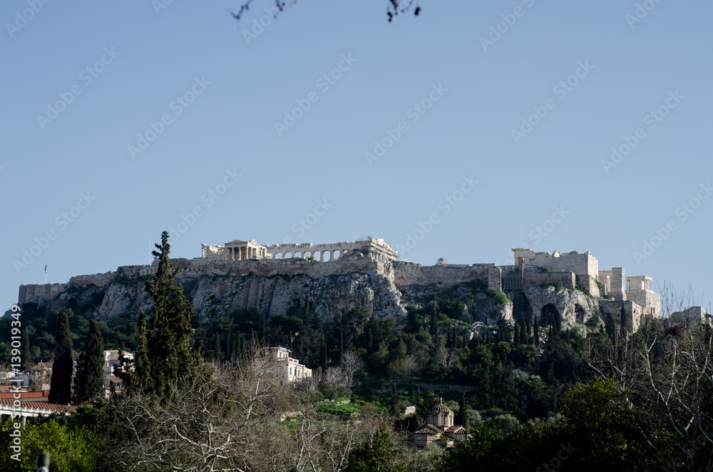 view of the Acropolis walls from afar pedestrian street