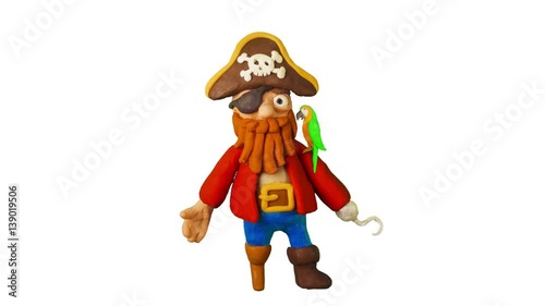 Funny Cartoon Pirate with Parrot pointing and presenting or showing something. Clay animation. 4K