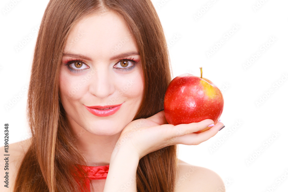 Woman charming girl colorful makeup holds apple fruit Woman charming girl colorful makeup holds apple fruit