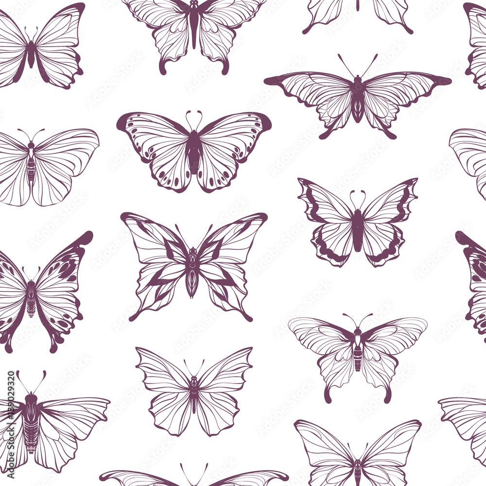 Seamless pattern with collection of different butterflies for summer and spring design, vintage, boho. Handdrawn separated editable elements, Vector illustration. Seamless pattern with collection of different butterflies for summer and spring design, vintage, boho. Handdrawn separated editable elements, Vector illustration.