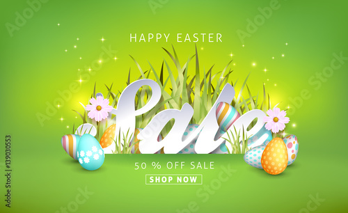 Easter sale banner background template with beautiful colorful spring flowers and eggs. Vector illustration.