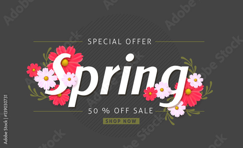 Spring sale background banner with beautiful colorful flower. Vector illustration.