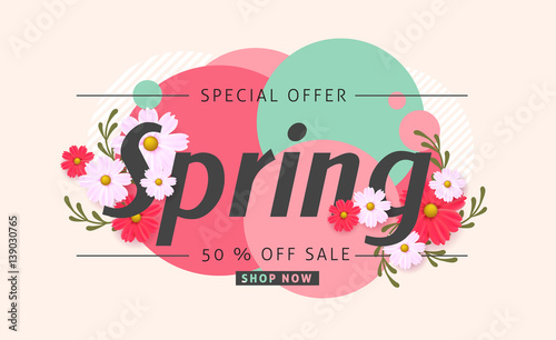 Spring sale background banner with beautiful colorful flower. Vector illustration.