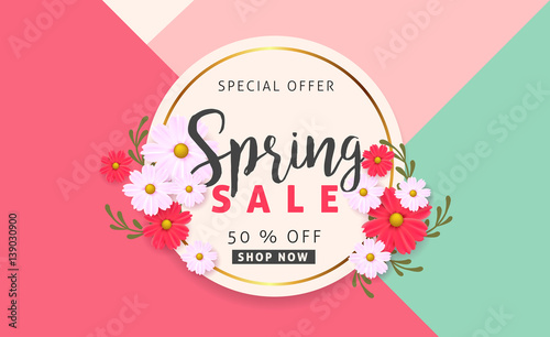Spring sale background banner with beautiful colorful flower. Vector illustration.