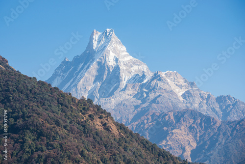 hilltop of snow mountain view on the way to Annapurna base camp , Nepal