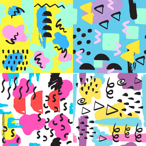 Universal memphis seamless pattern endless abstract fills style and surface textures colorful geometric ornament background vector illustration.