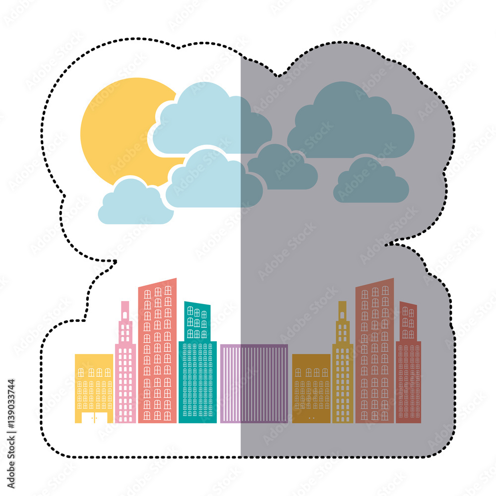 colorful builds with cloud and sun icon, vector illustraction design