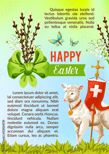 Easter greeting vector poster, paschal eggs willow