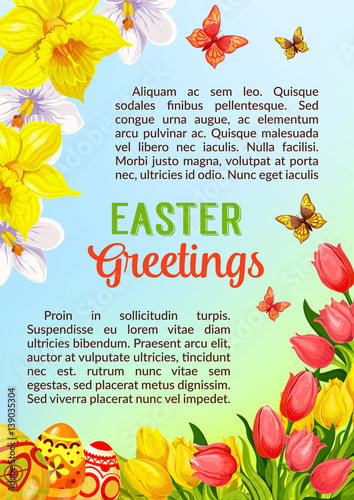 Easter poster greeting paschal eggs vector flowers