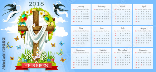 Vector calendar Easter crucifix and paschal eggs