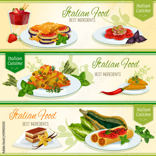 Italian cuisine dinner with dessert banner set