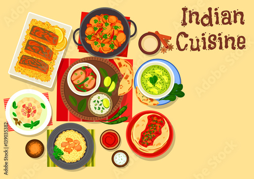 Indian cuisine dinner with cream dessert icon