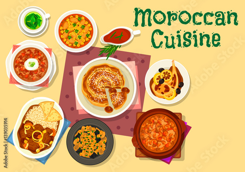 Moroccan cuisine traditional dishes icon design