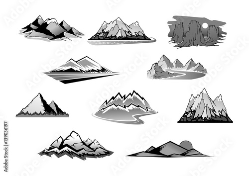 Mountain landscape isolated icon set