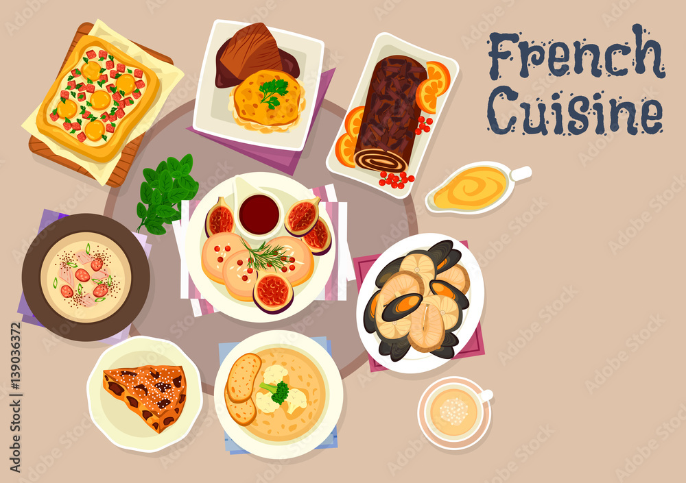 French cuisine festive dinner dishes icon design