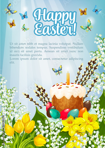 Easter poster vector paschal cake, eggs, flowers