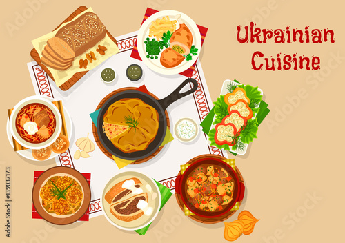 Ukrainian cuisine lunch dishes icon design