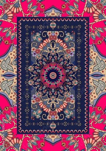 Beautiful carpet in indian style with ornamental frame and flower mandala. Bright vector illustration. Unique design.