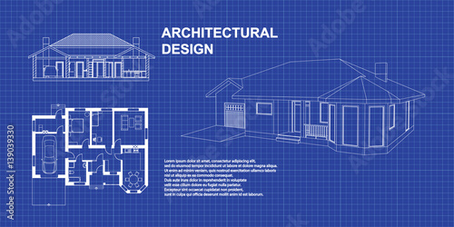 Perspective 3D, floor plan and cross section suburban house. Drawing of the modern building. Cottage project on blue background. Vector architectural blueprint.