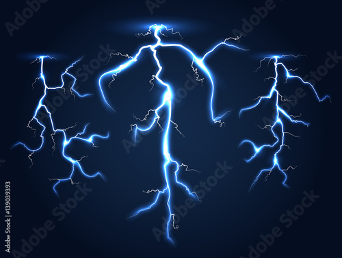 Realistic vector lightnings set dark night sky