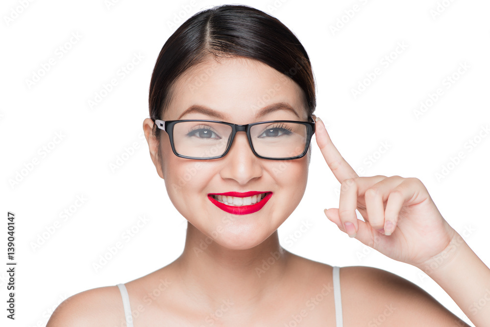 Beauty asian model girl with perfect skin wearing glasses, isolated on white background. Beauty asian model girl with perfect skin wearing glasses, isolated on white background.