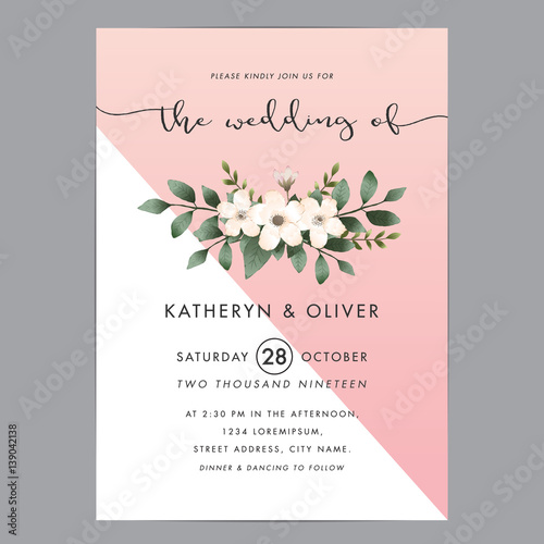 Modern and clean wedding invitation card template with bouquet flower. Vector illustration.