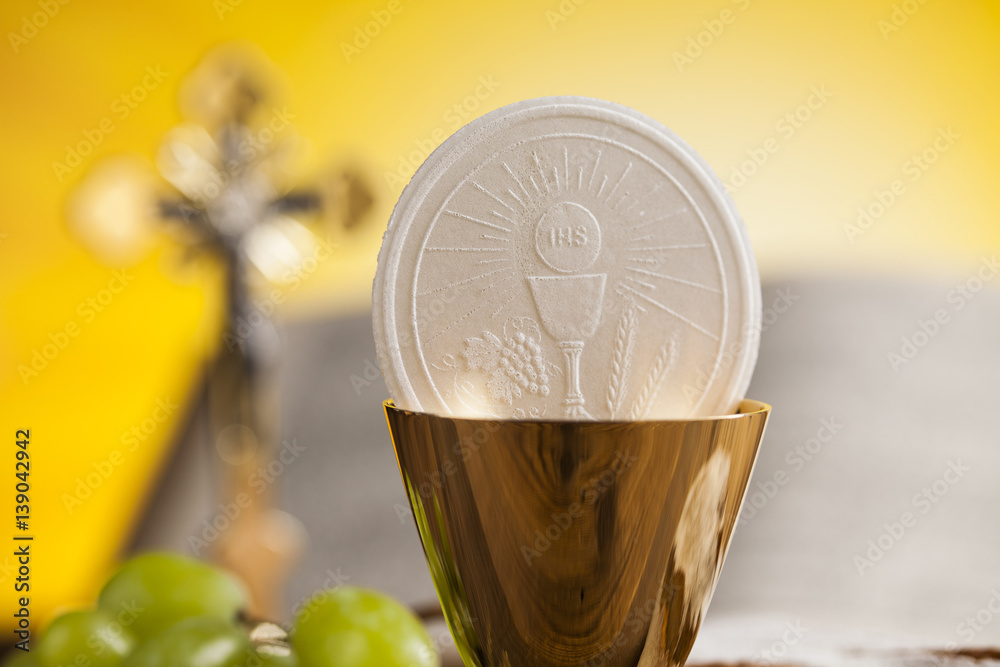Eucharist symbol of bread and wine, chalice and host, First communion ...