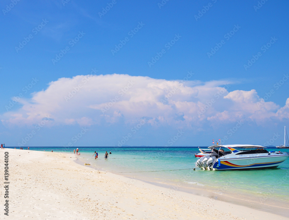 Speedboat  on sea beach and blue sky at Phuket Thailand, beautiful beach, summer concept, sea and sand, traveling,