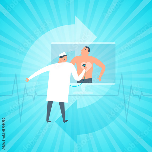 Doctor exams patient's heartbeat remotely by computer. Online, tele medicine flat concept illustration. Medic with stethoscope listens heart at monitor. Telemedicine, telehealth vector design element.