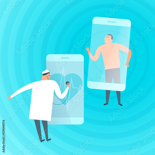 Doctor exams patient's heartbeat by phone. Online, tele medicine flat concept illustration. Medic with stethoscope listens heart at smartphone screen. Telemedicine, telehealth vector design element.