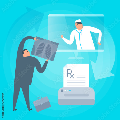 Doctor consults online by computer, prints rx prescription. Remote, tele medicine flat concept illustration. Patient holding x-ray image of lung radiography. Telemedicine, telehealth vector design.