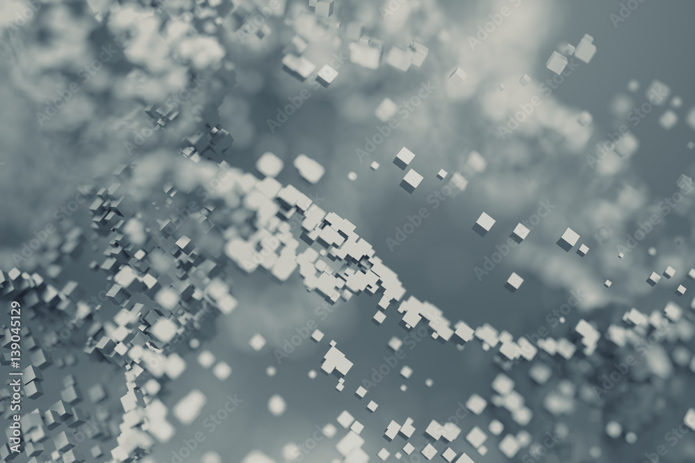 Abstract 3d rendering of chaotic particles. Flying cubes in empty space. Dynamic shape. Futuristic background with bokeh, depth of field effect. Design for poster, banner, placard. Abstract 3d rendering of chaotic particles. Flying cubes in empty space. Dynamic shape. Futuristic background with bokeh, depth of field effect. Design for poster, banner, placard.