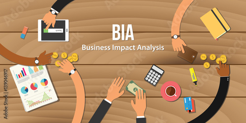 bia business impact analysis illustration team work together with hand on wooden table with money graph paper work gold coin