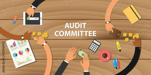 audit committee illustration team work together with hand on wooden table with money graph paper work gold coin