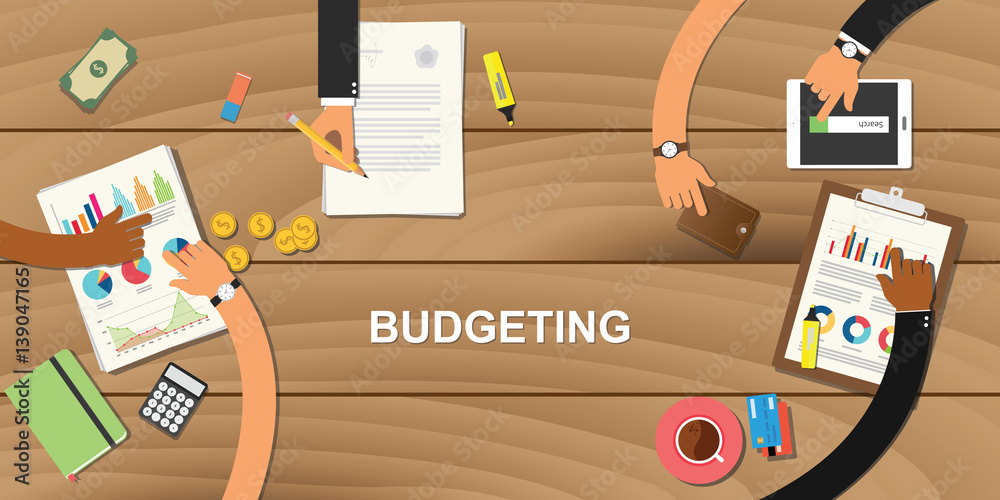 budgeting business concept illustration with team work together to on top of wooden table with hand and use tools like money, calculator, paper work, graph and chart - obrazy, fototapety, plakaty 