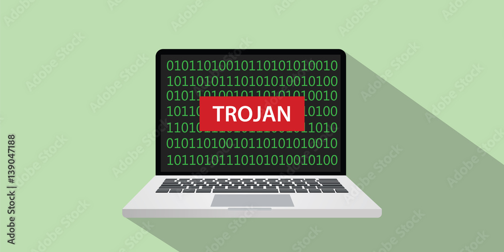 trojan hacking illustration with laptop and red sign on laptop screen with binary code as background trojan hacking illustration with laptop and red sign on laptop screen with binary code as background