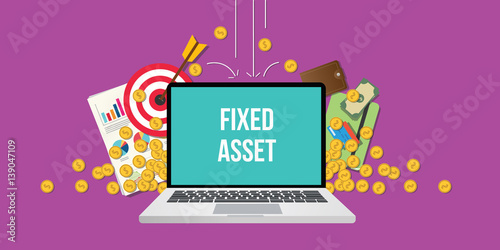 fixed asset concept illustration with laptop text on screen gold coin money falling down with goals graph chart paperwork as background