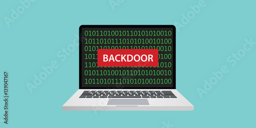 backdoor concept illustration with flat style and text on screen of notebook blue background