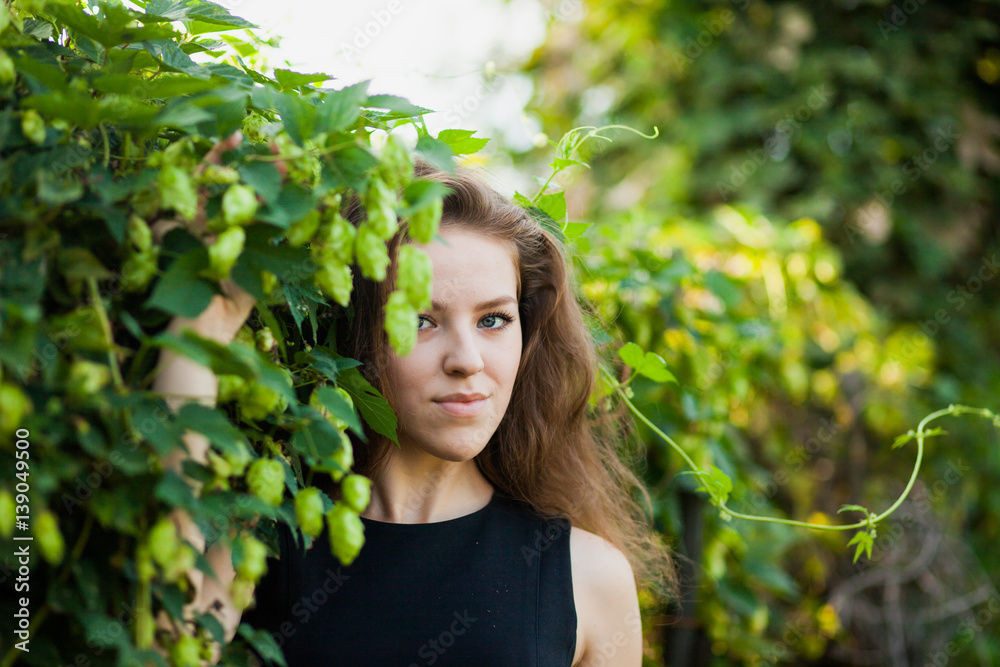 Attractive young woman in a green fence of fresh hop Attractive young woman in a green fence of fresh hop